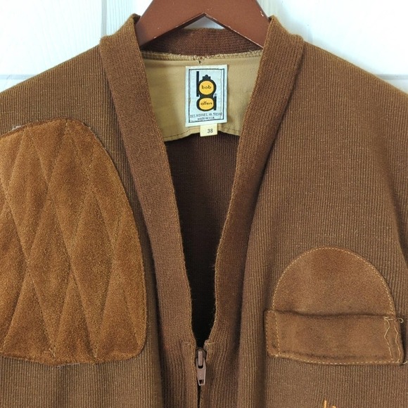 Bob Allen 60's Vintage Suede Patch Zip Up Shooting Cardigan Sweater Brown 38 - Picture 2 of 14